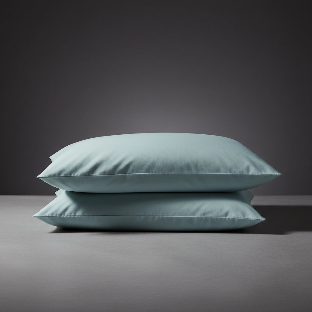 Stack of duck egg pure cotton percale 200TC pillowcases by Linen and Co, showcasing smooth texture and premium quality.