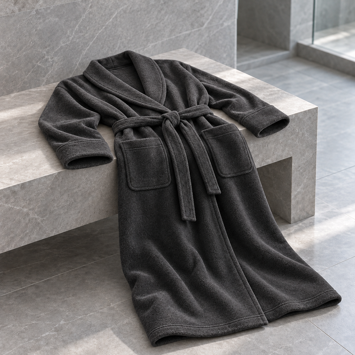 Grey Luxury Plush Bath Robe - bench lifestyle - Linen and Co