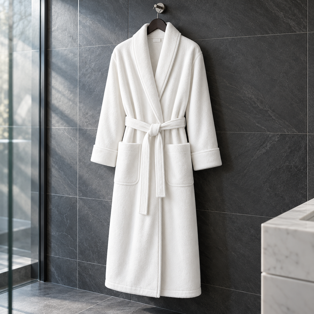 White Luxury Plush Bath Robe - hanging lifestyle - Linen and Co