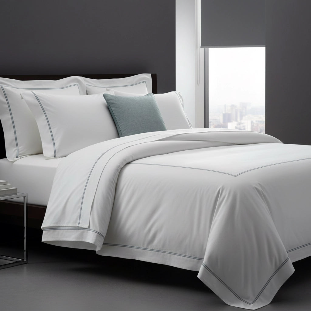 White luxury bed linen with satin stitch detailing on a neatly made bed, hotel-inspired bedding by Linen and Co.