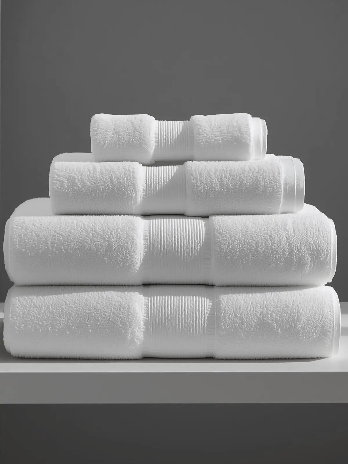 Neatly stacked white bath towels