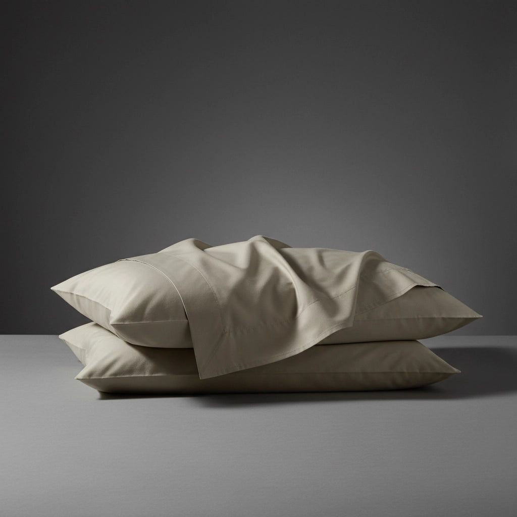 Stack of stone polycotton percale 200TC pillowcases and folded bed linen by Linen and Co, showcasing smooth texture and premium quality.