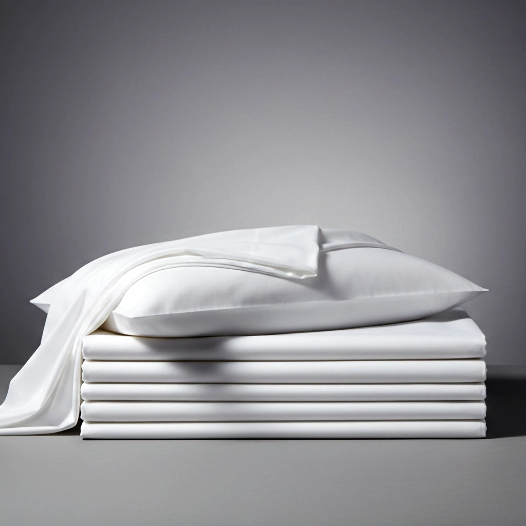 Stack of white luxury cotton percale 300TC folded bed linen and pillowcases by Linen and Co, showcasing smooth texture and premium quality.