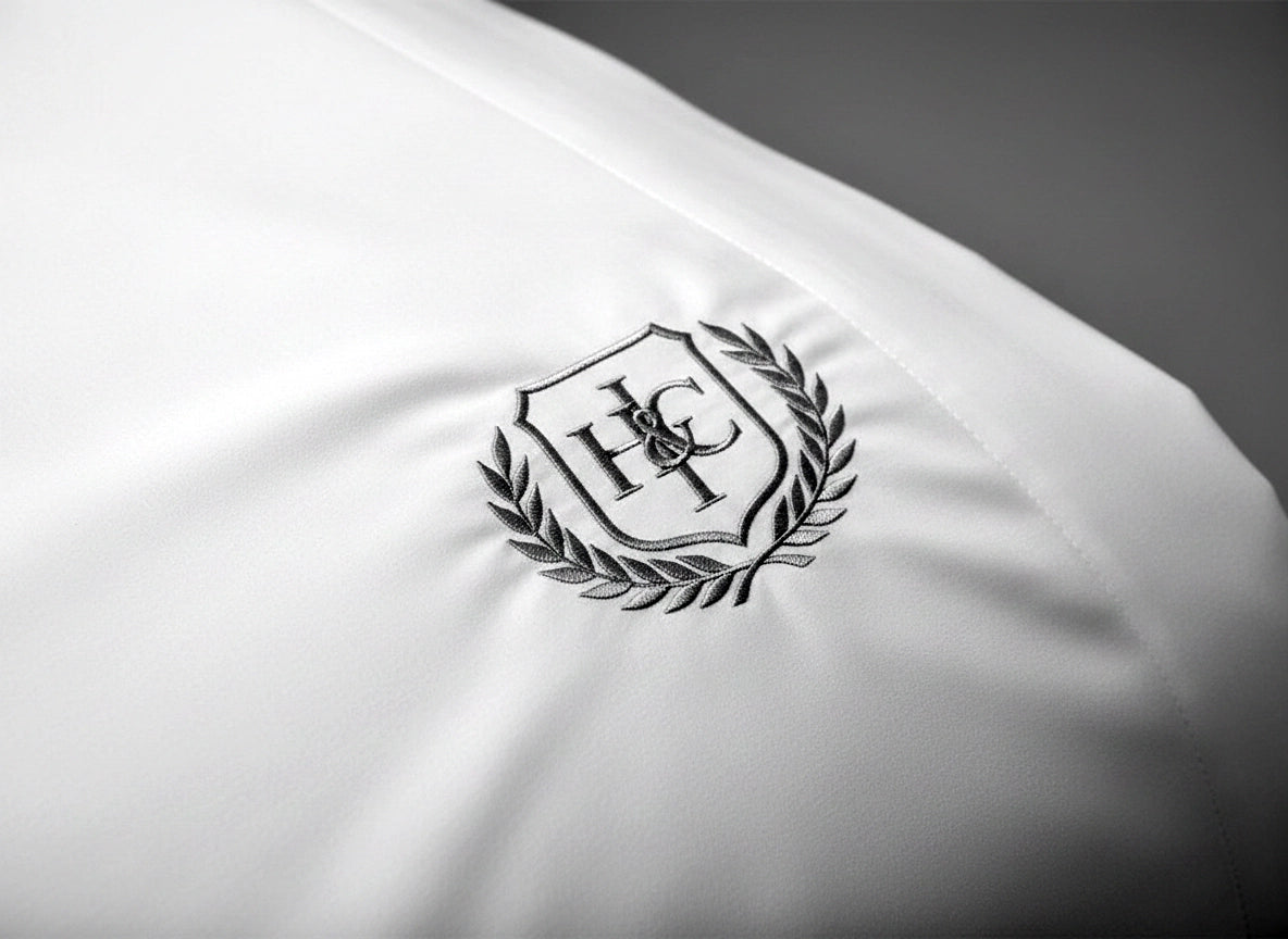 Custom logo embroidery with laurel wreath detail on premium white linen by Linen and Co