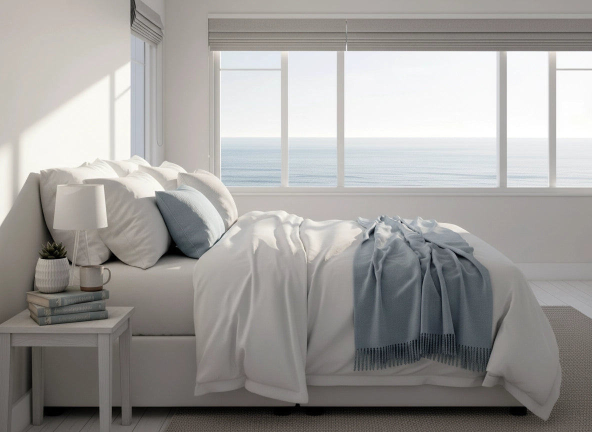 Modern luxury bedroom with white linen bedding, ocean view, stone wall, and coastal decor by Linen and Co.