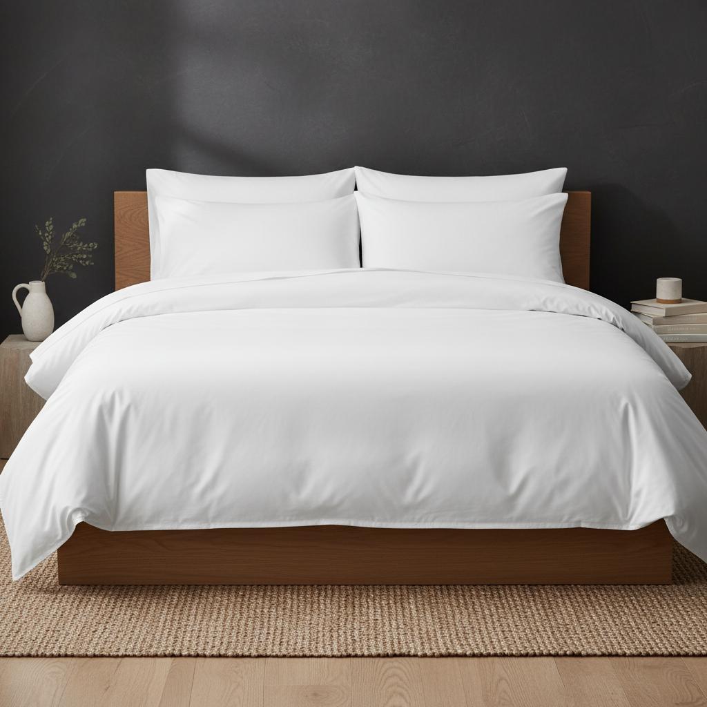 Luxury hotel bedding in pure white tones, showcasing Linen & Co's premium hospitality-grade linens on a minimalist bed with neutral decor