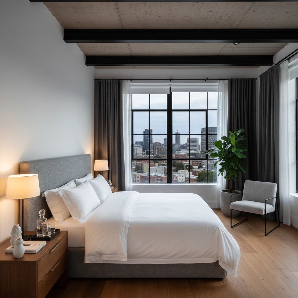 Luxury hotel bedroom with crisp white linen bedding, city skyline view, and modern decor, styled by Linen and Co.