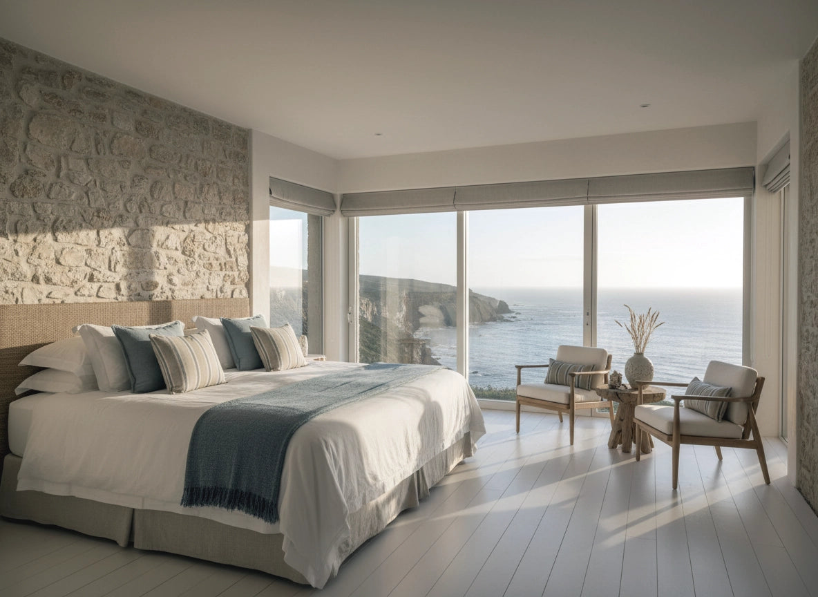 Modern luxury bedroom with white linen bedding, ocean view, stone wall, and coastal decor by Linen and Co.