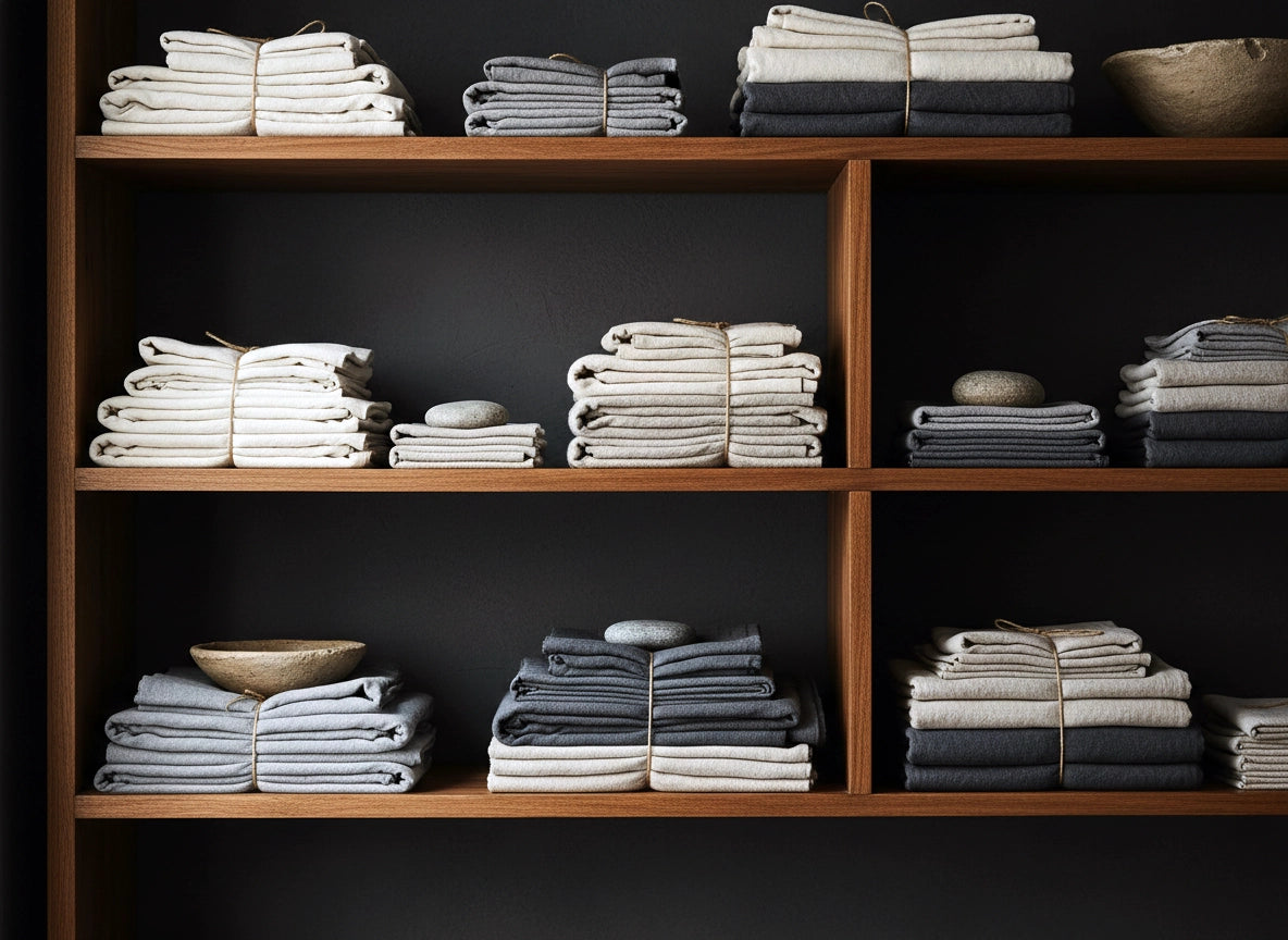 Neatly folded sustainable hospitality linens in white, stone, grey and duck egg tones on wooden shelves, Linen and Co.