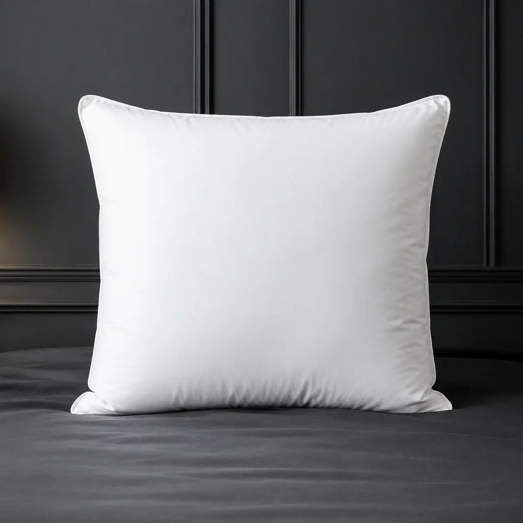 Square Continental Luxury Microfibre Pillow inner on a charcoal bed