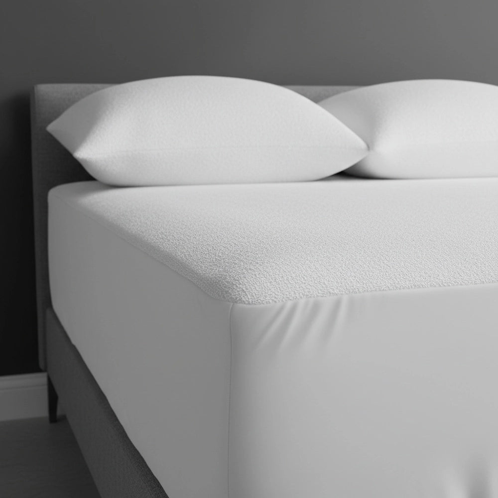 Linen & Co towelling wetsafe mattress protector with waterproof polyurethane barrier, displayed on wooden bed frame