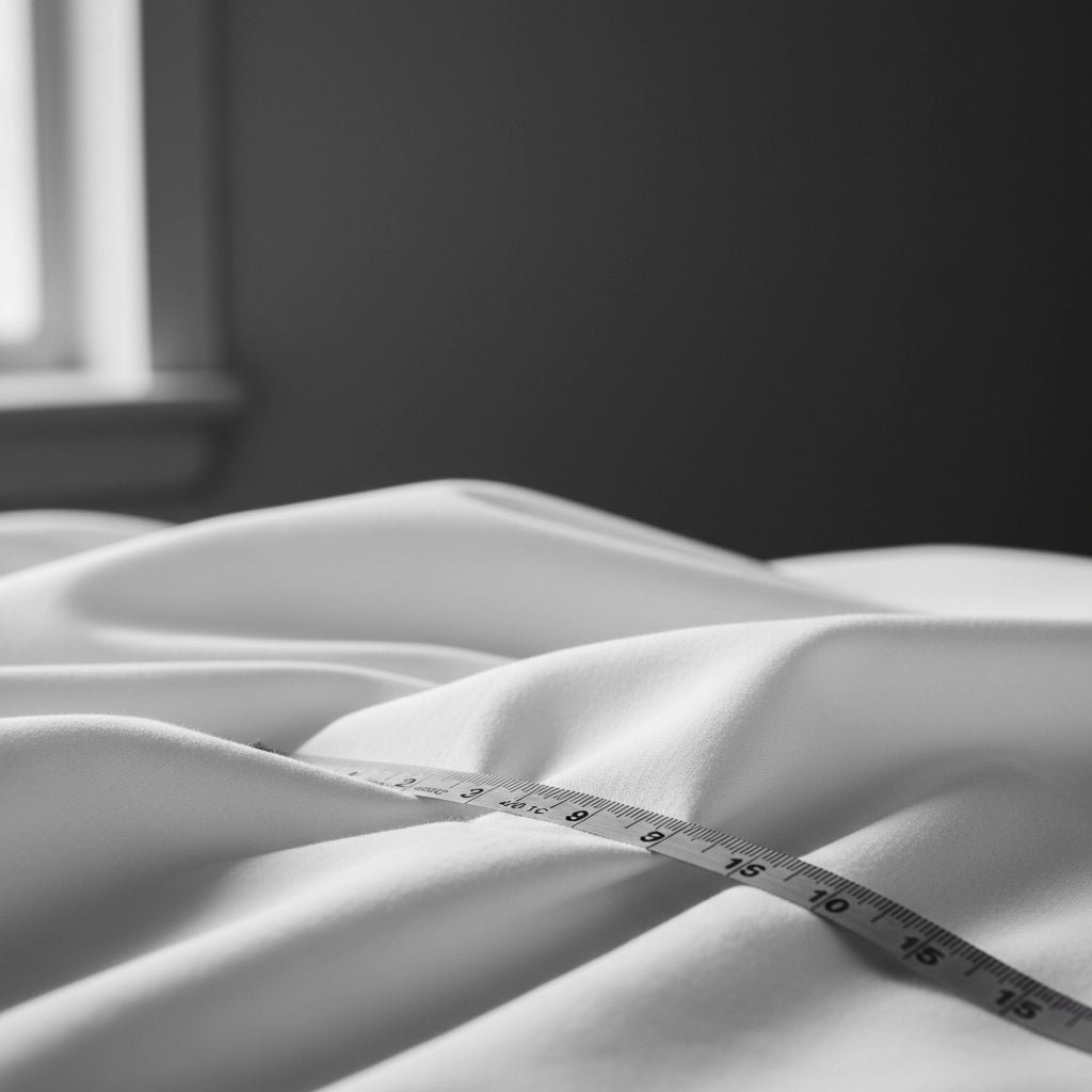 Measuring tape on white linen fabric by Linen and Co - custom sizing measurement guide for luxury textiles