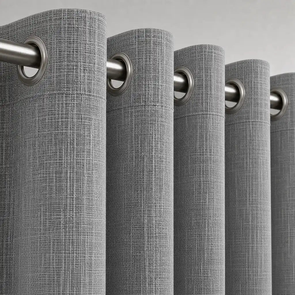 Close-up of Obscura Misty blockout eyelet curtain fabric by Silk House for Linen & Co