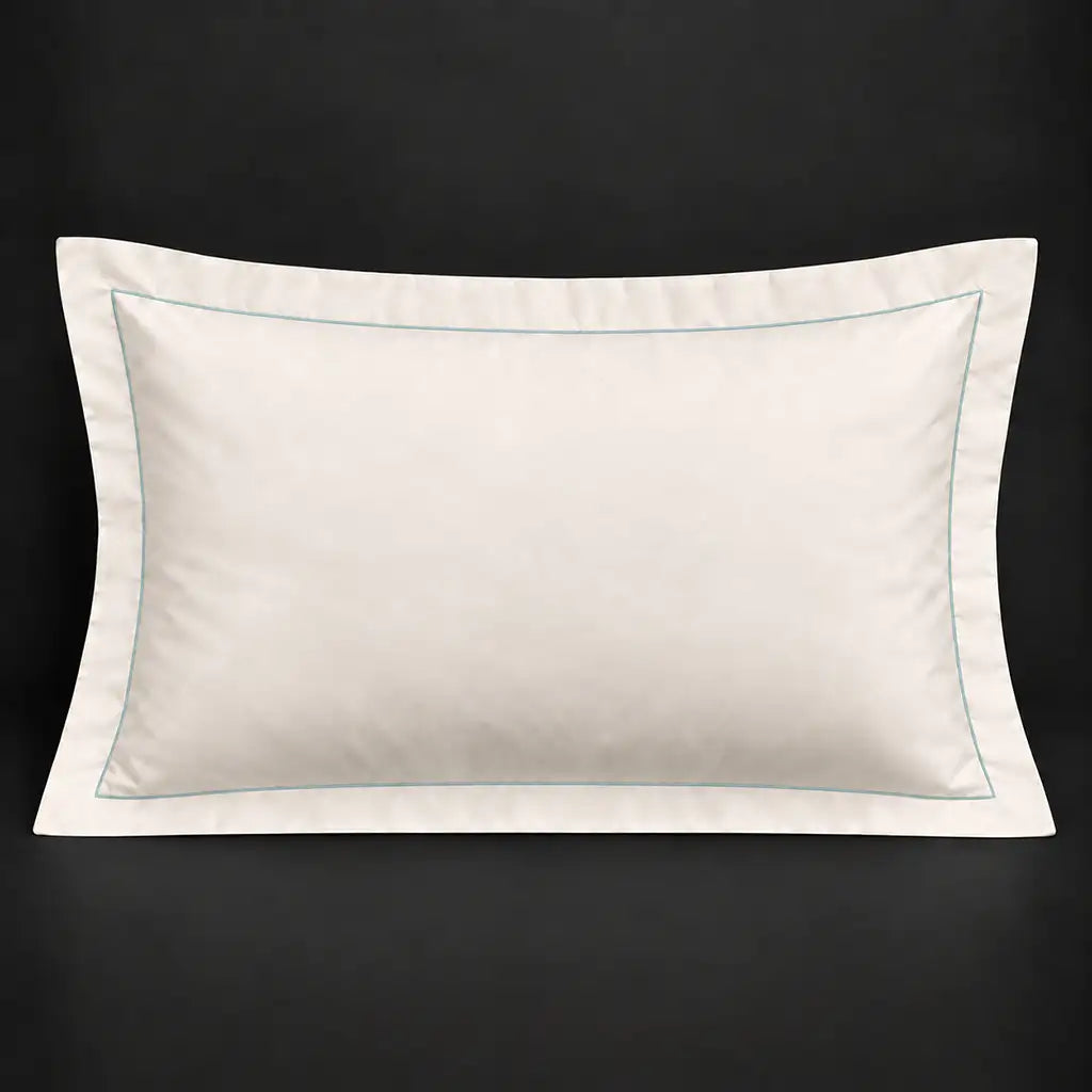 Cream Oxford 200TC cotton percale pillowcase for Standard and King sizes with one row duck egg satin stitch border by Linen and Co