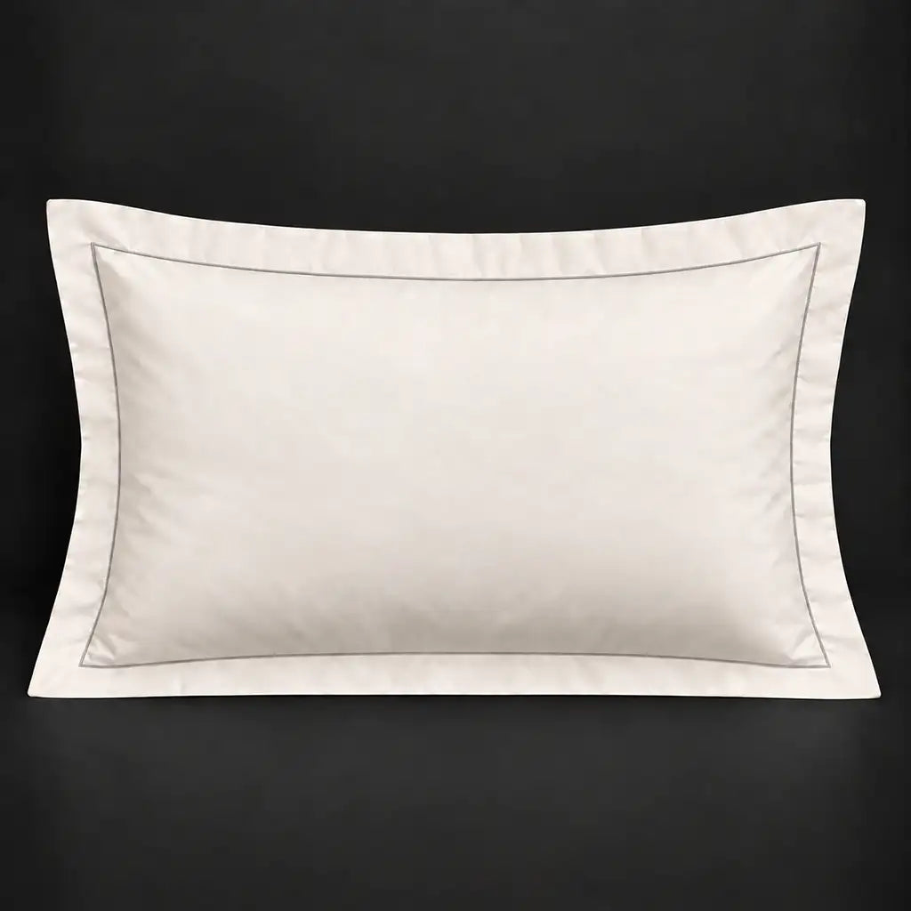 Cream Oxford 200TC polycotton percale pillowcase for Standard and King sizes with one row grey satin stitch border by Linen and Co