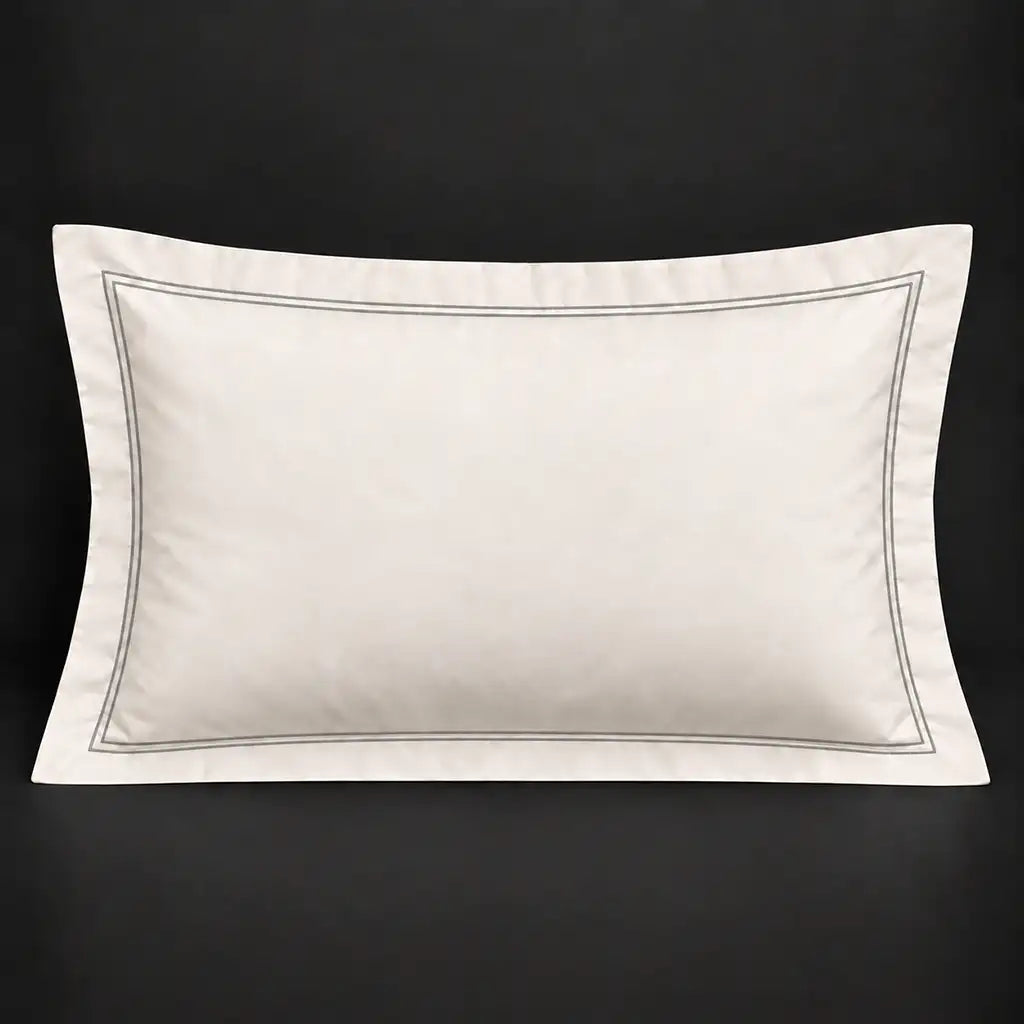 Cream Oxford 200TC cotton percale pillowcase for Standard and King sizes with two row grey satin stitch border by Linen and Co