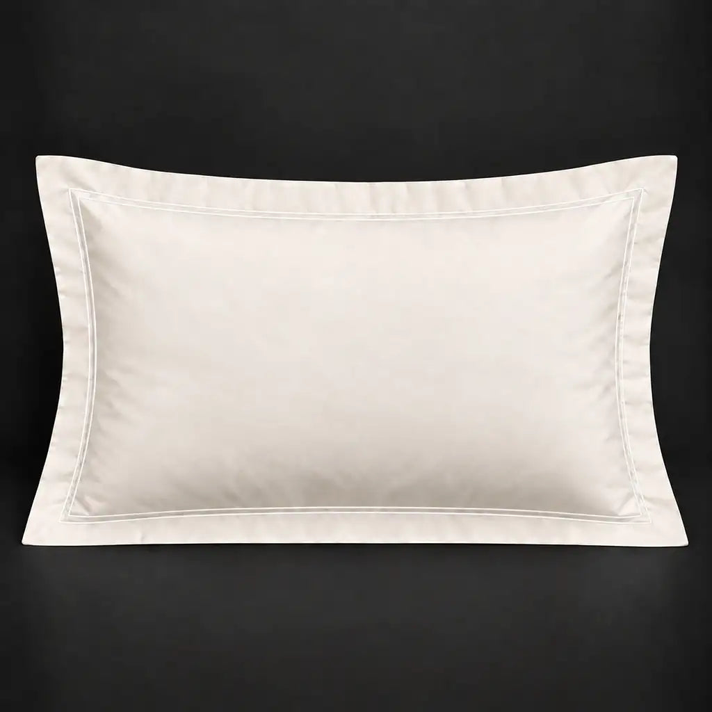 Cream Oxford 200TC cotton percale pillowcase for Standard and King sizes with two row white satin stitch border by Linen and Co