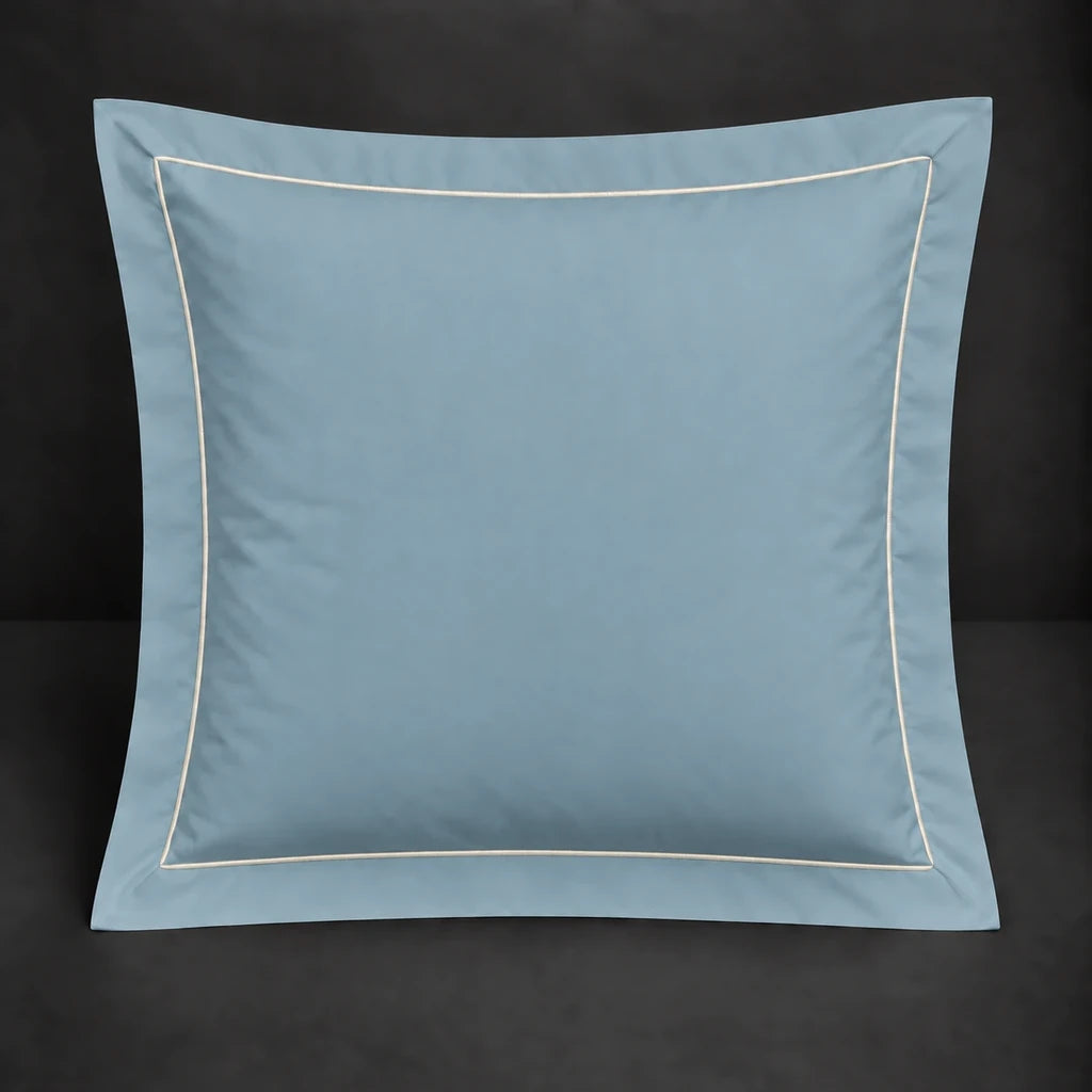 Duck egg Oxford 200TC cotton percale continental pillowcase with one row cream satin stitch border by Linen and Co