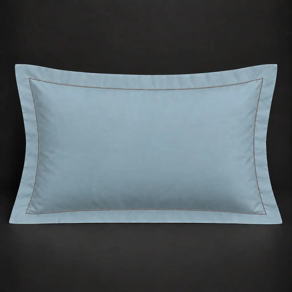 Duck egg Oxford 200TC polycotton percale pillowcase for Standard and King sizes with one row grey satin stitch border by Linen and Co