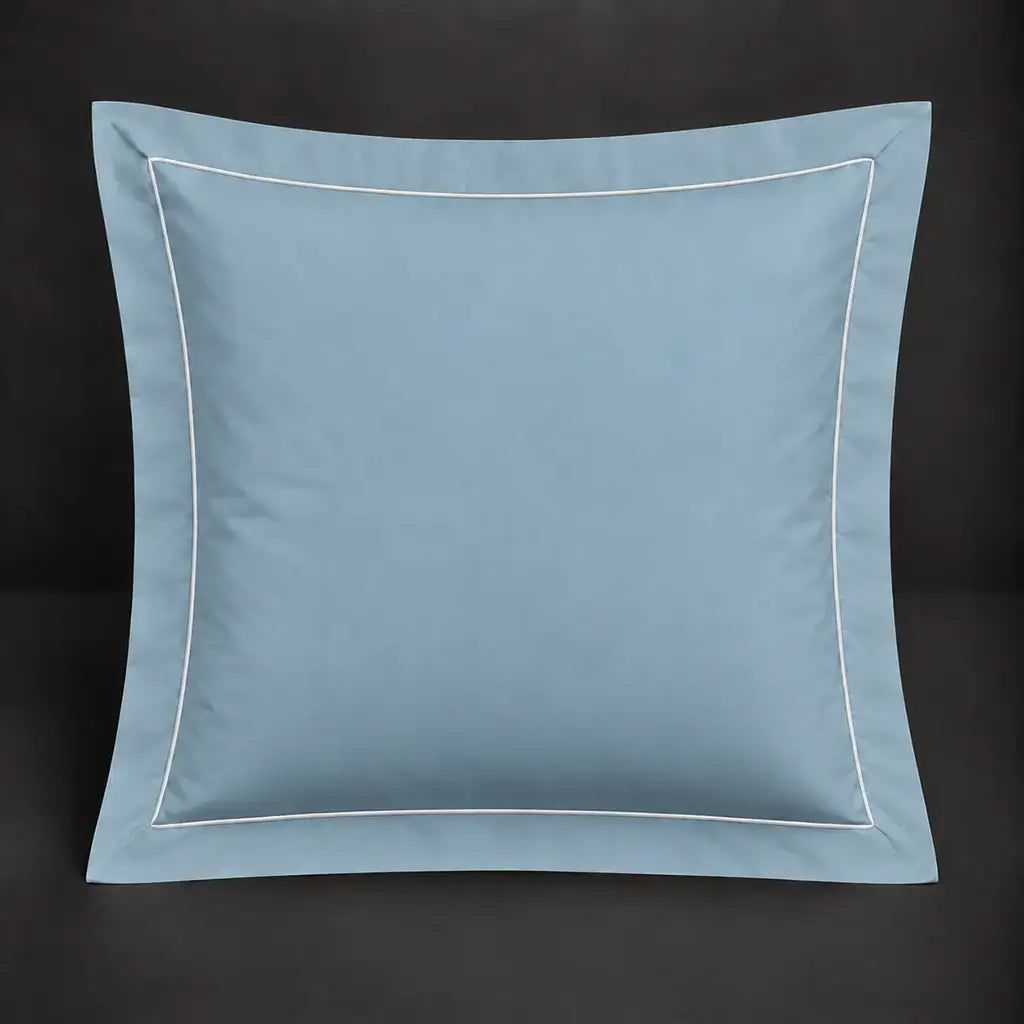 Duck egg Oxford 200TC cotton percale continental pillowcase with one row white satin stitch border by Linen and Co