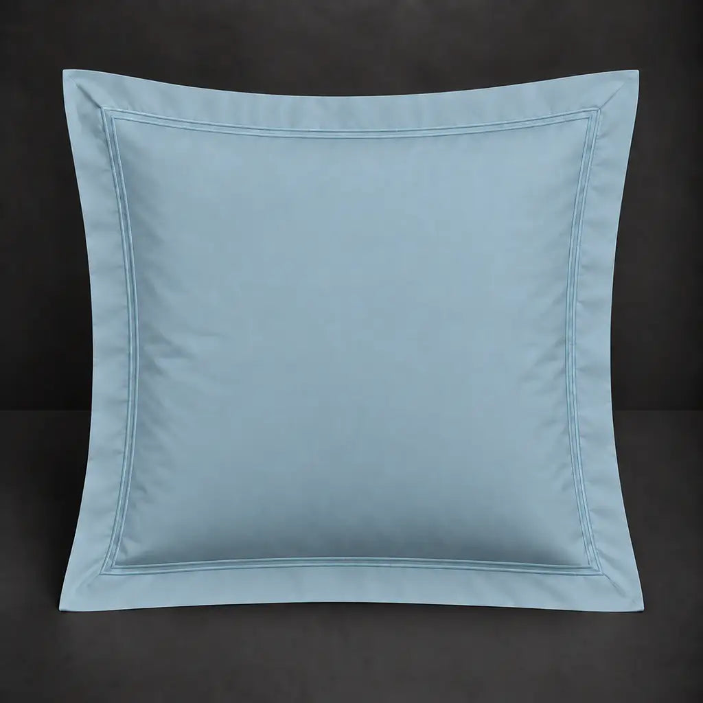 Duck egg Oxford 200TC polycotton percale continental pillowcase with two row duck egg satin stitch border by Linen and Co