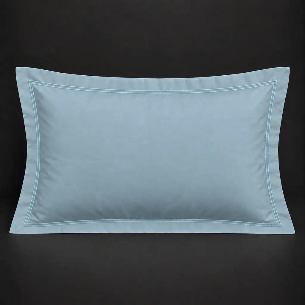 Duck egg Oxford 200TC polycotton percale pillowcase for Standard and King sizes with two row duck egg satin stitch border by Linen and Co