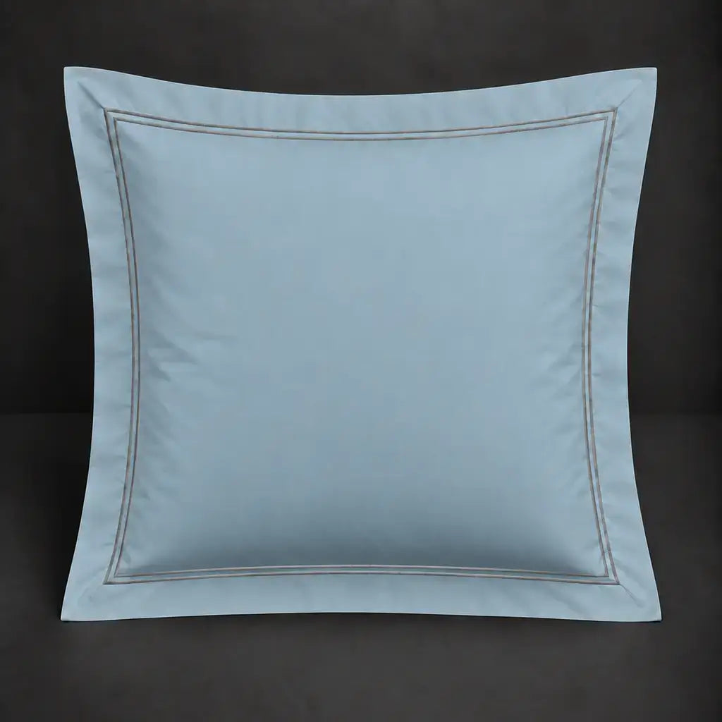 Duck egg Oxford 200TC cotton percale continental pillowcase with two row grey satin stitch border by Linen and Co