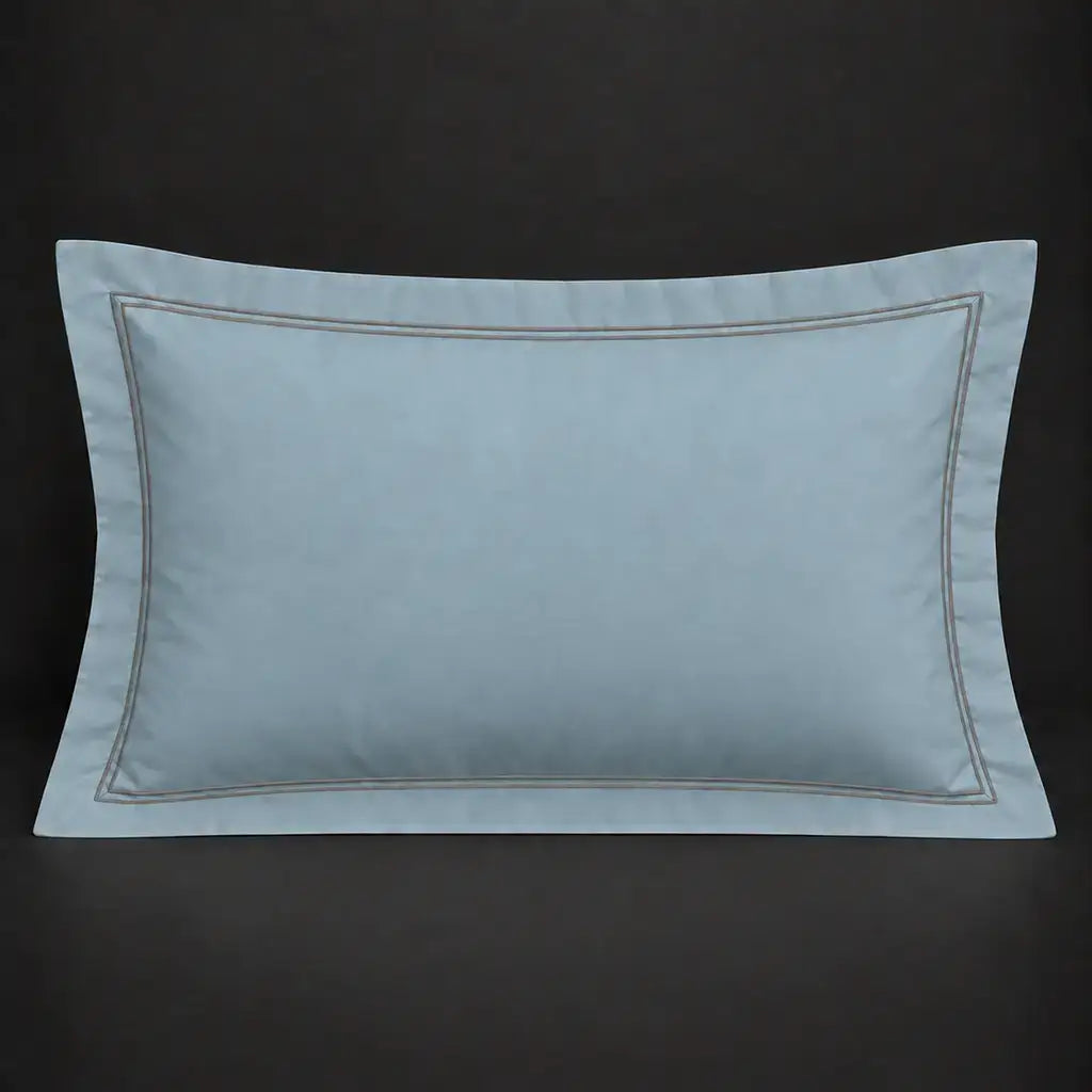 Duck egg Oxford 200TC cotton percale pillowcase for Standard and King sizes with two row grey satin stitch border by Linen and Co