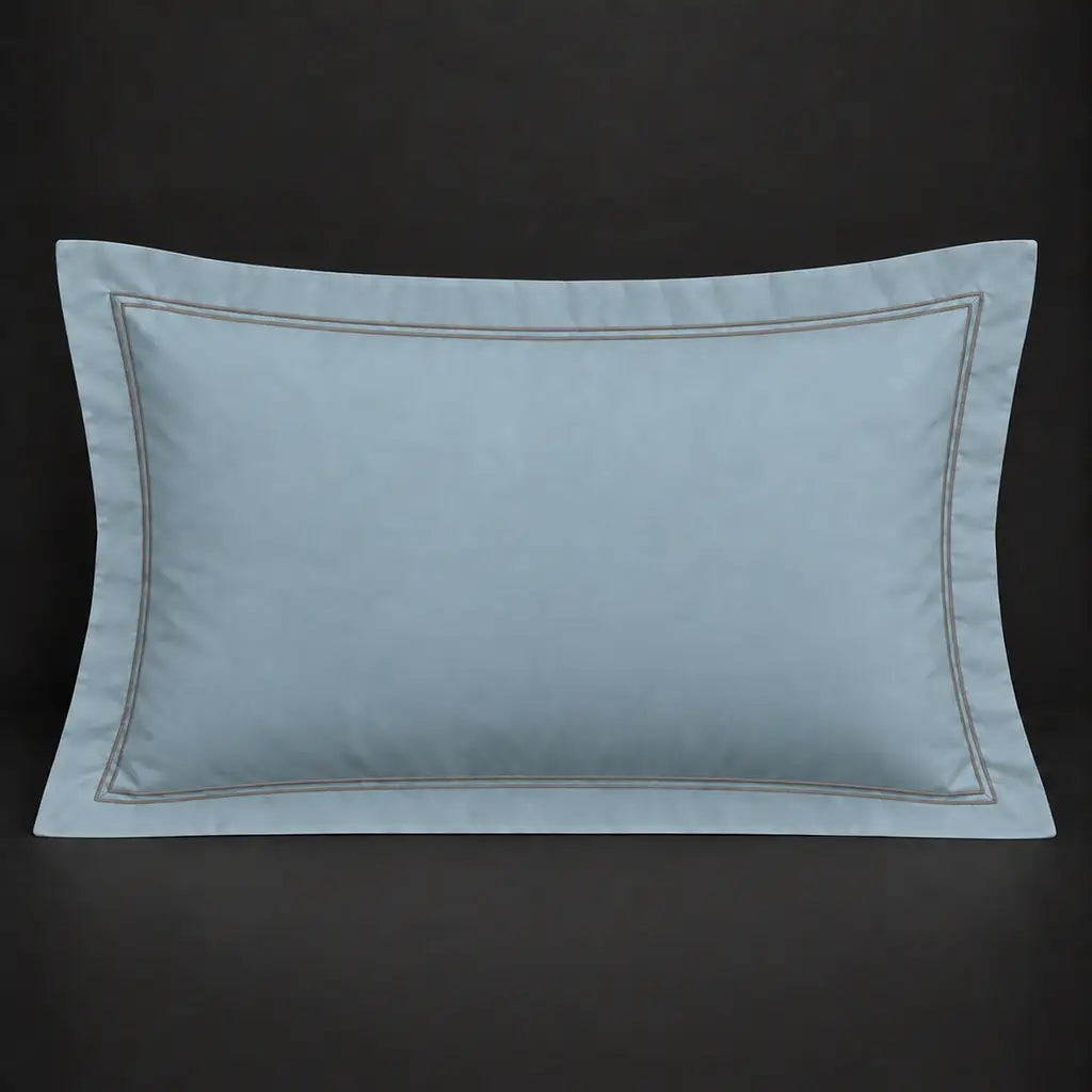 Duck egg Oxford 200TC polycotton percale pillowcase for Standard and King sizes with two row grey satin stitch border by Linen and Co