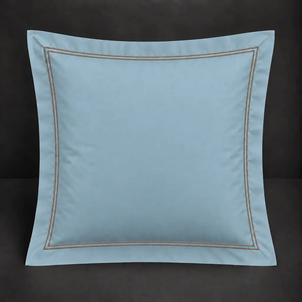 Duck egg Oxford 200TC polycotton percale continental pillowcase with two row stone satin stitch border by Linen and Co