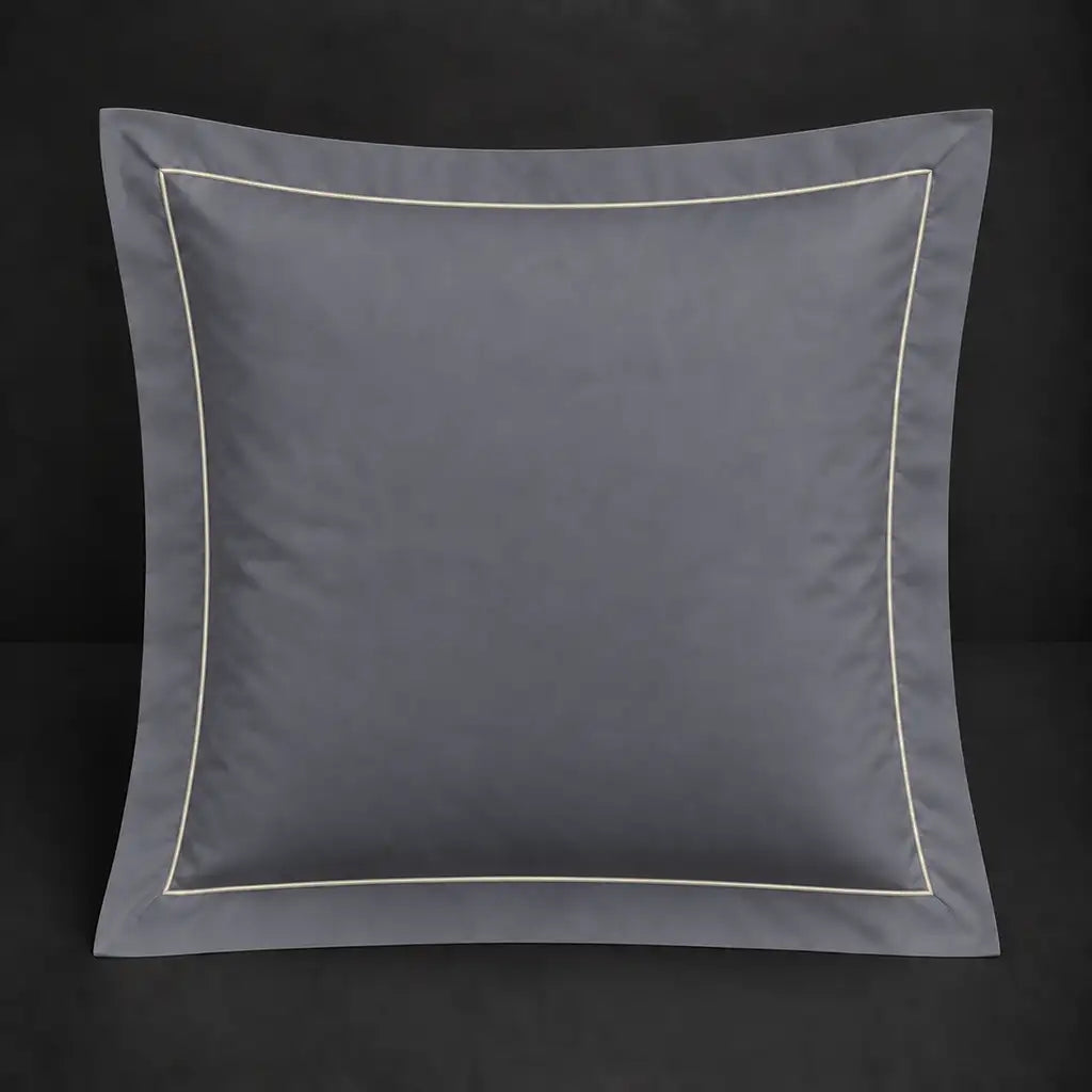 Grey Oxford 200TC cotton percale continental pillowcase with one row cream satin stitch border by Linen and Co