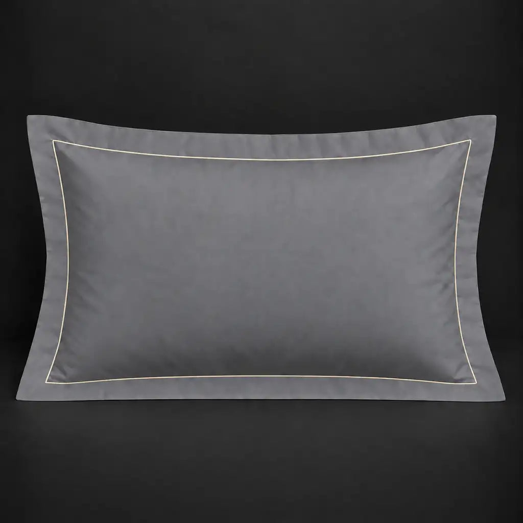 Grey Oxford 200TC polycotton percale pillowcase for Standard and King sizes with one row cream satin stitch border by Linen and Co