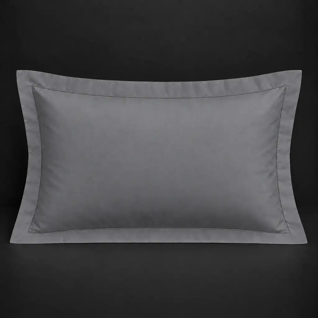 Grey Oxford 200TC cotton percale pillowcase for Standard and King sizes with one row grey satin stitch border by Linen and Co