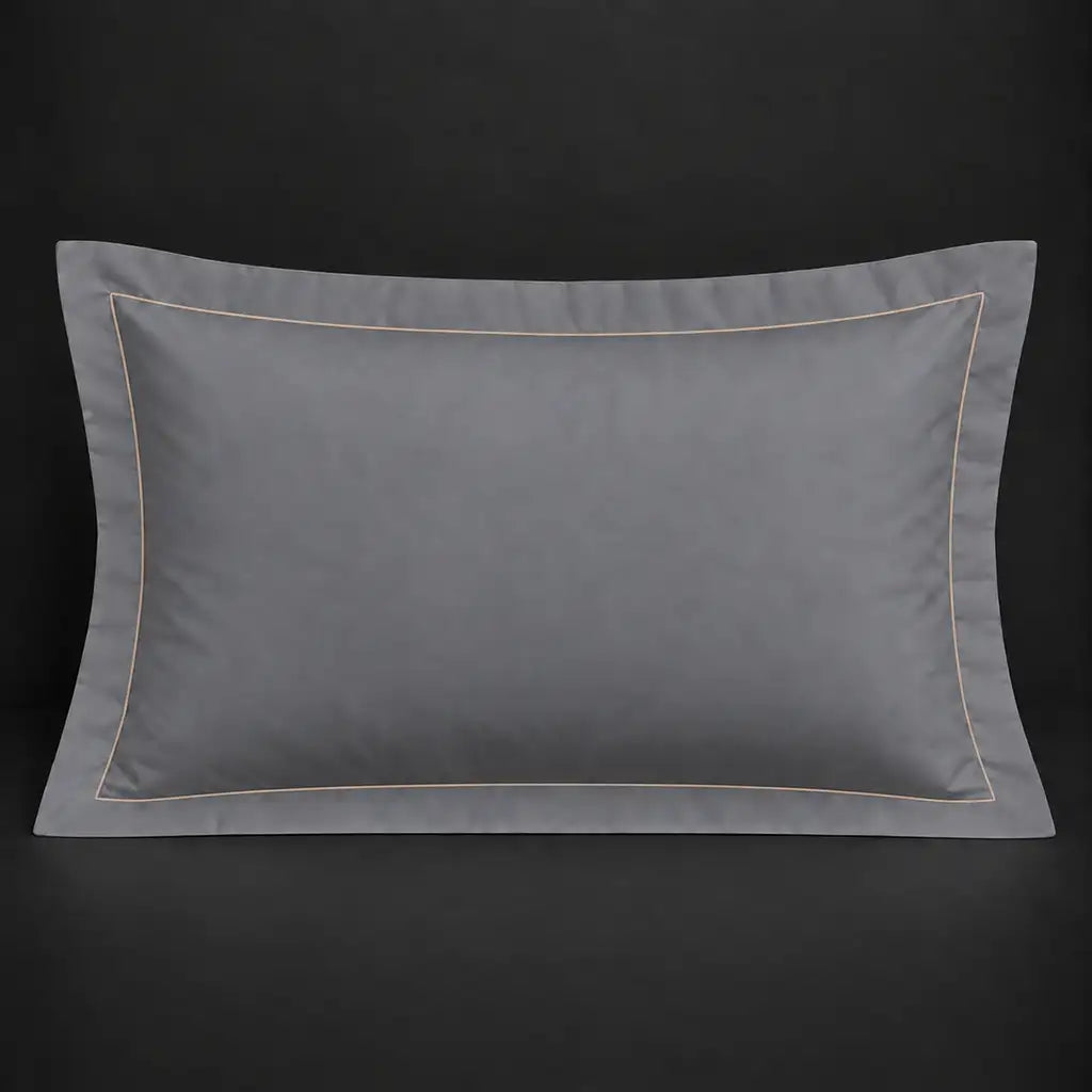 Grey Oxford 200TC cotton percale pillowcase for Standard and King sizes with one row grey satin stitch border by Linen and Co