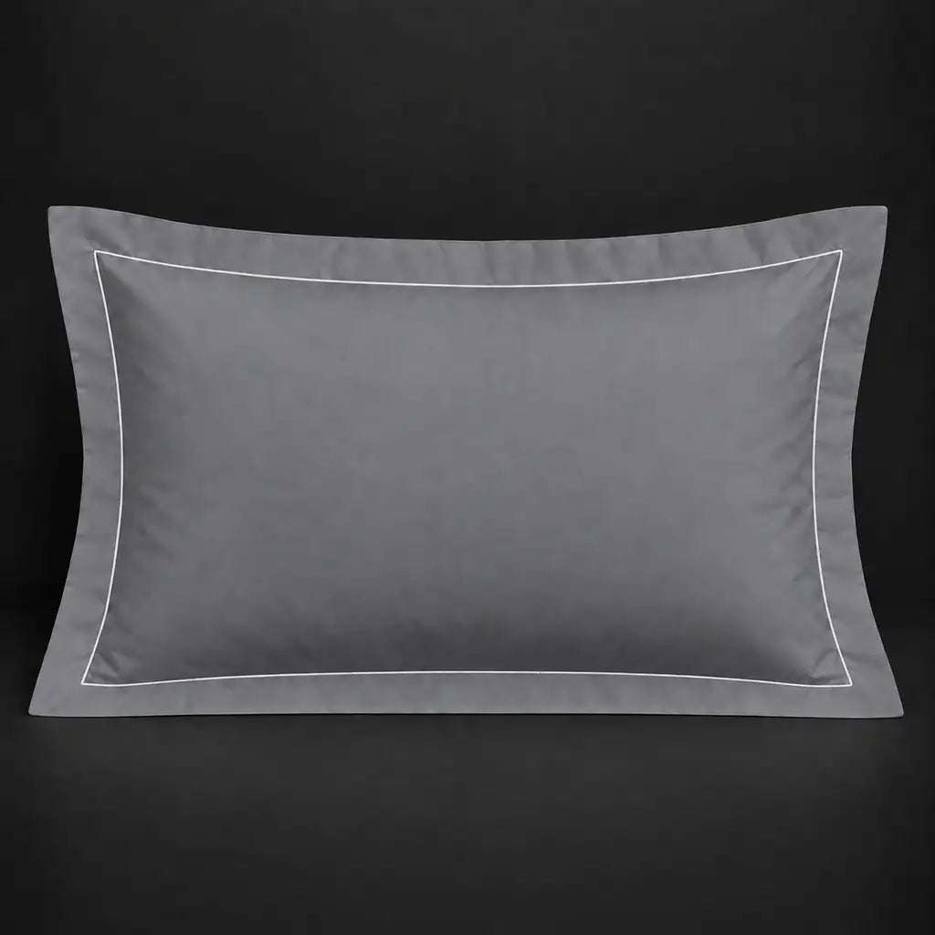 Grey Oxford 200TC cotton percale pillowcase for Standard and King sizes with one row white satin stitch border by Linen and Co