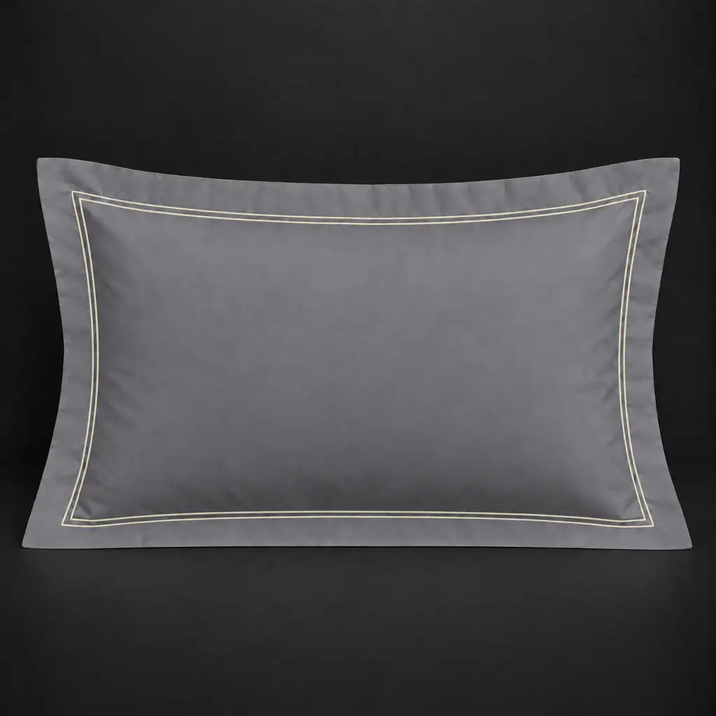 Grey Oxford 200TC cotton percale pillowcase for Standard and King sizes with two row cream satin stitch border by Linen and Co