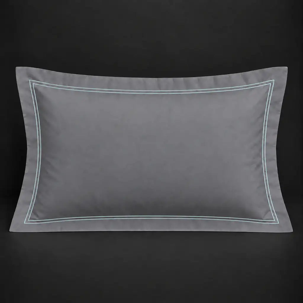 Grey Oxford 200TC polycotton percale pillowcase for Standard and King sizes with two row duck egg satin stitch border by Linen and Co