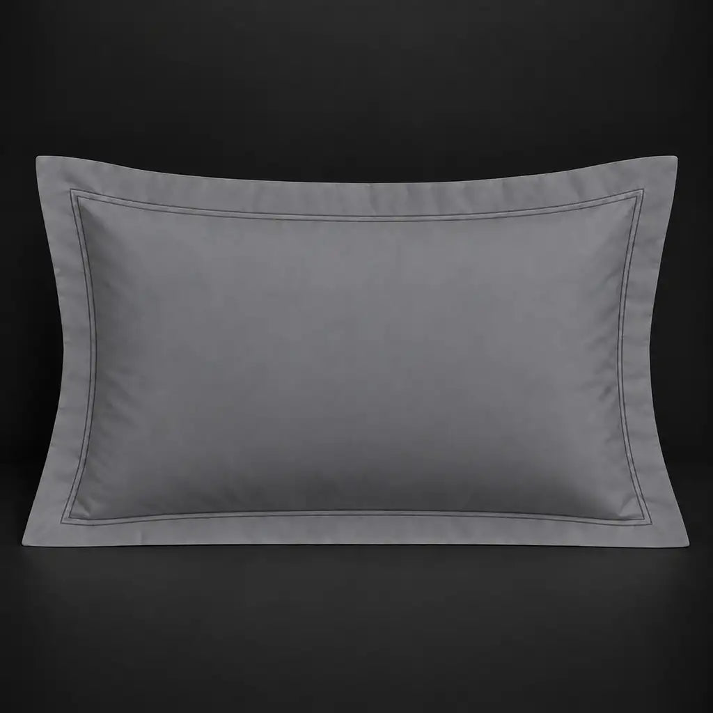 Grey Oxford 200TC polycotton percale pillowcase for Standard and King sizes with two row grey satin stitch border by Linen and Co