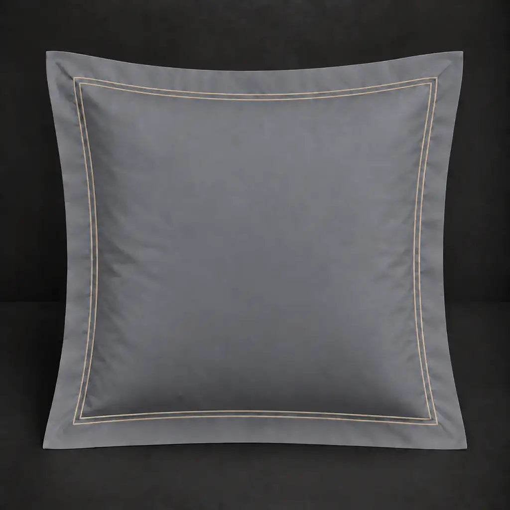 Grey Oxford 200TC cotton percale continental pillowcase with two row grey satin stitch border by Linen and Co