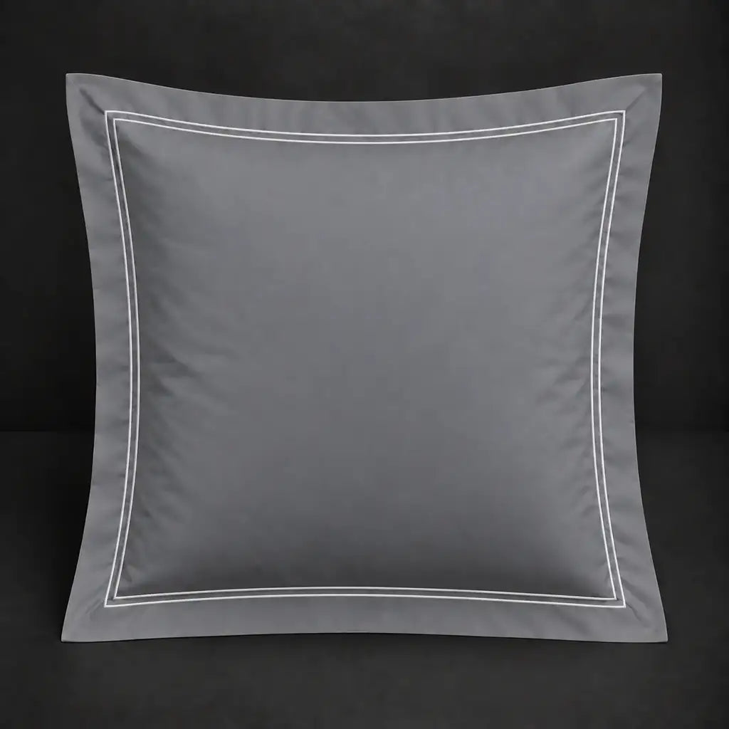 Grey Oxford 200TC cotton percale continental pillowcase with two row white satin stitch border by Linen and Co