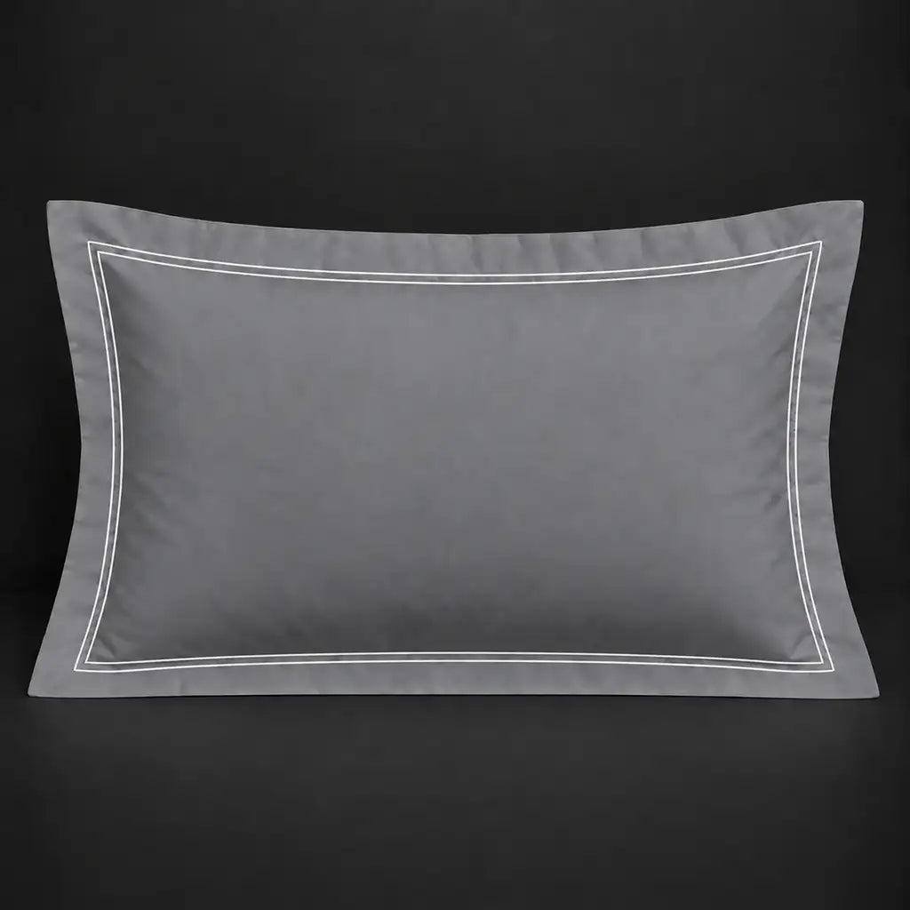 Grey Oxford 200TC cotton percale pillowcase for Standard and King sizes with two row white satin stitch border by Linen and Co