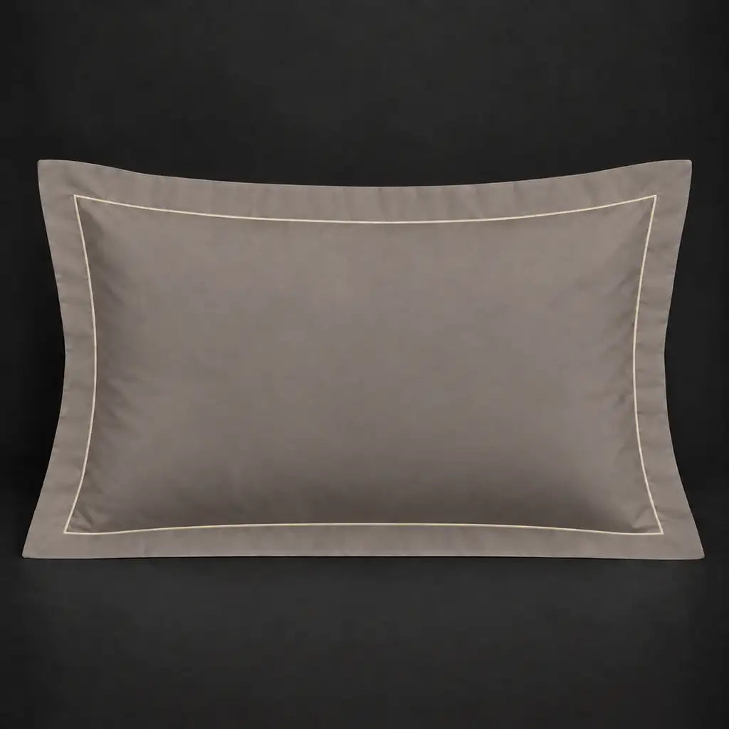 Stone Oxford 200TC polycotton percale pillowcase for Standard and King sizes with one row cream satin stitch border by Linen and Co