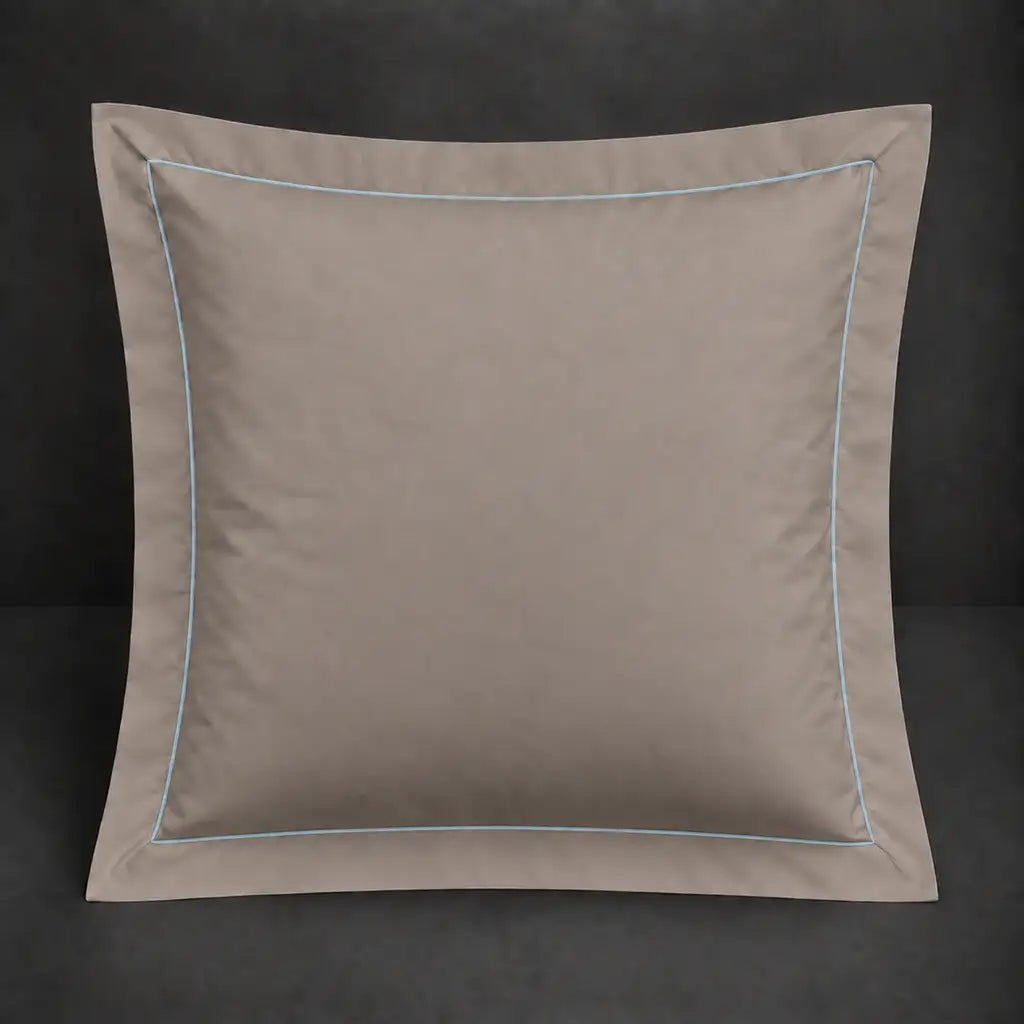 Stone Oxford 200TC cotton percale continental pillowcase with one row duck egg satin stitch border by Linen and Co