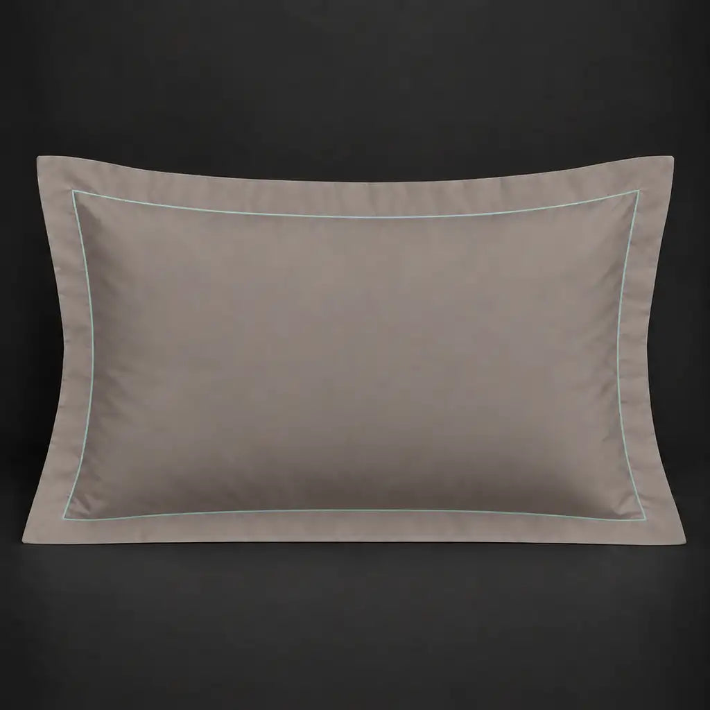 Stone Oxford 200TC polycotton percale pillowcase for Standard and King sizes with one row duck egg satin stitch border by Linen and Co