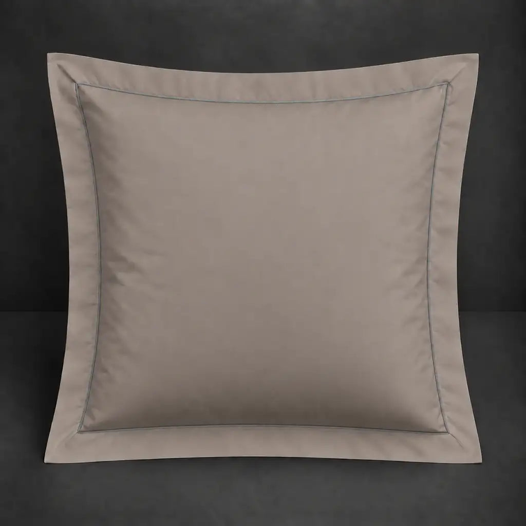 Stone Oxford 200TC cotton percale continental pillowcase with one row grey satin stitch border by Linen and Co