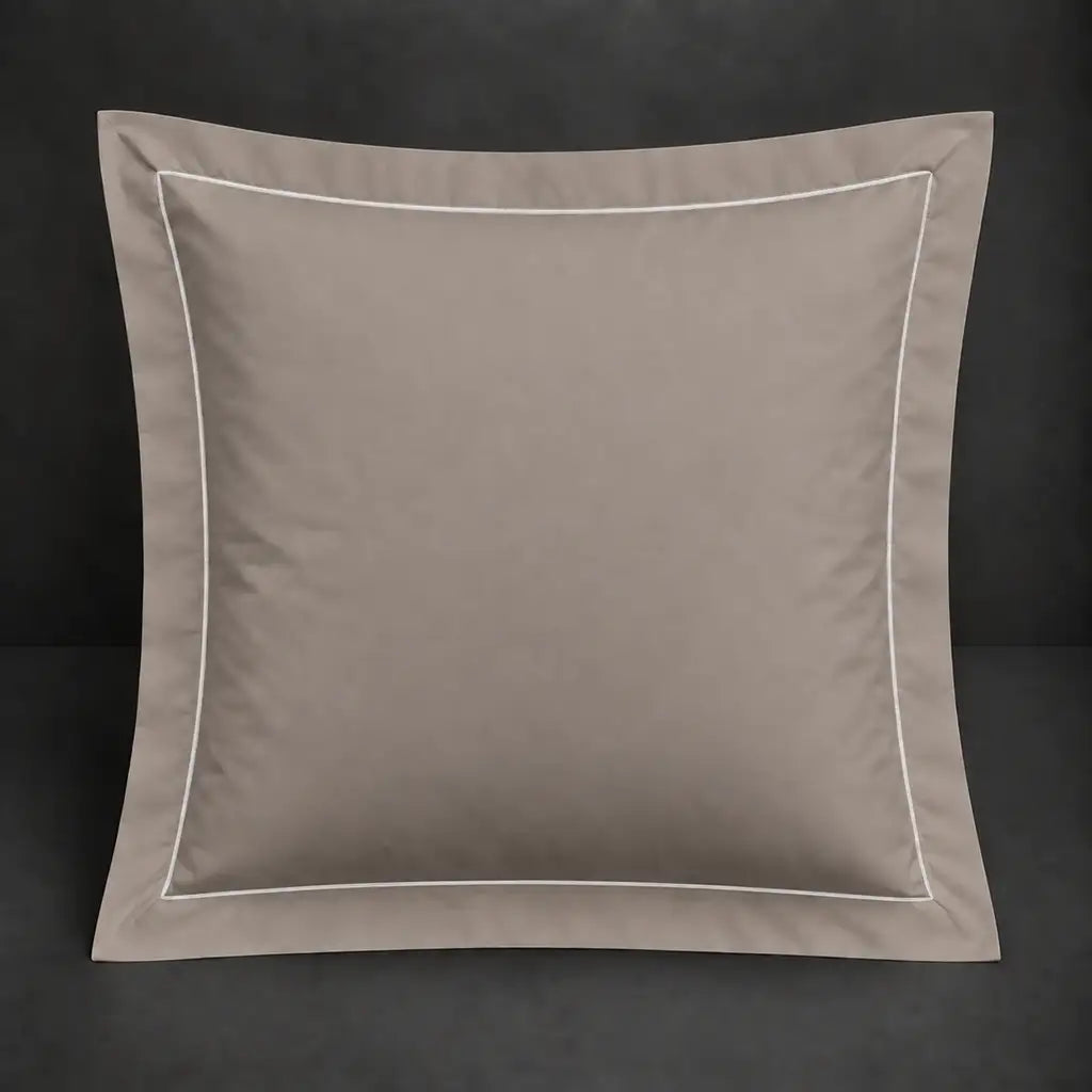 Stone Oxford 200TC cotton percale continental pillowcase with one row white satin stitch border by Linen and Co