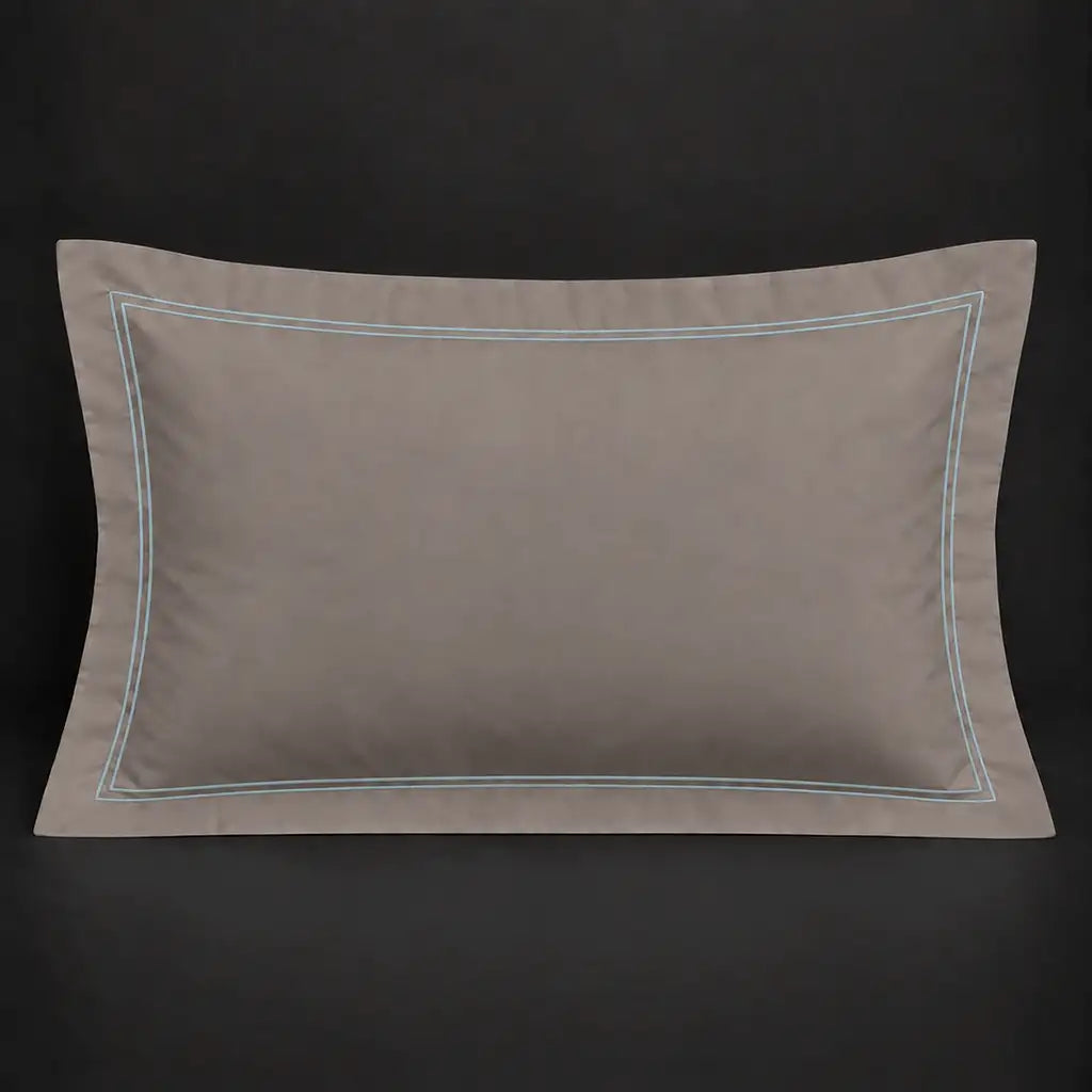 Stone Oxford 200TC cotton percale pillowcase for Standard and King sizes with two row duck egg satin stitch border by Linen and Co
