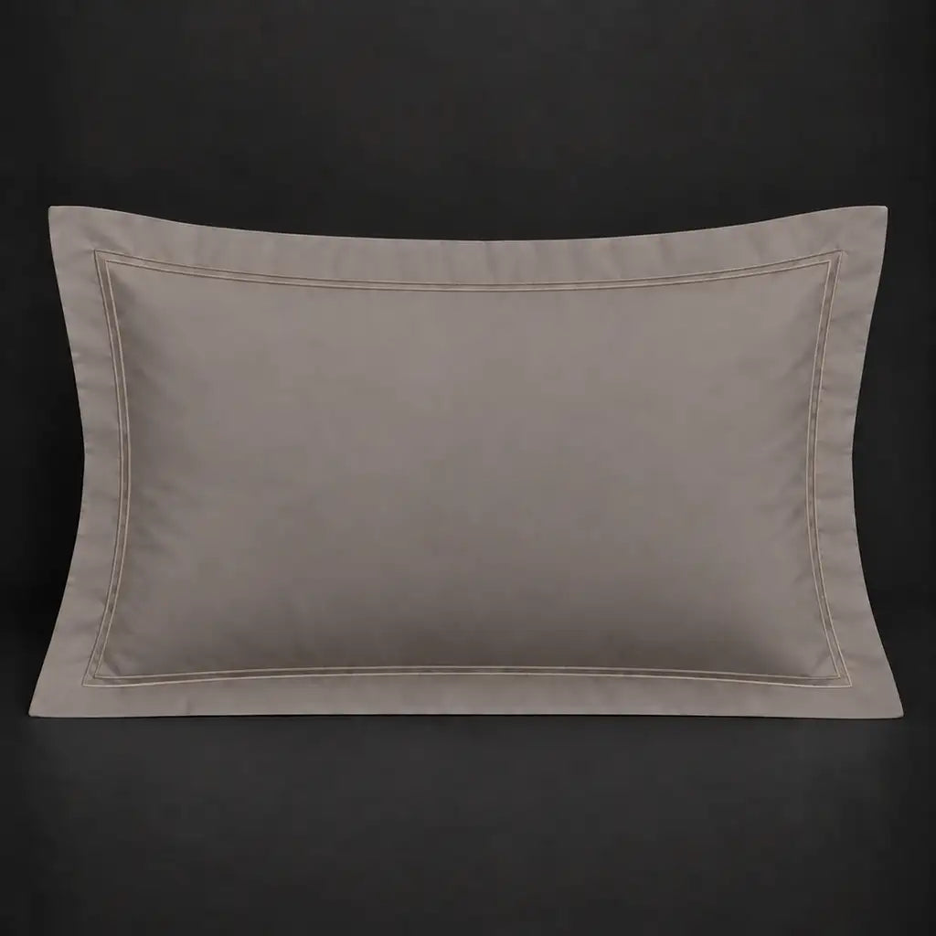 Stone Oxford 200TC cotton percale pillowcase for Standard and King sizes with two row stone satin stitch border by Linen and Co