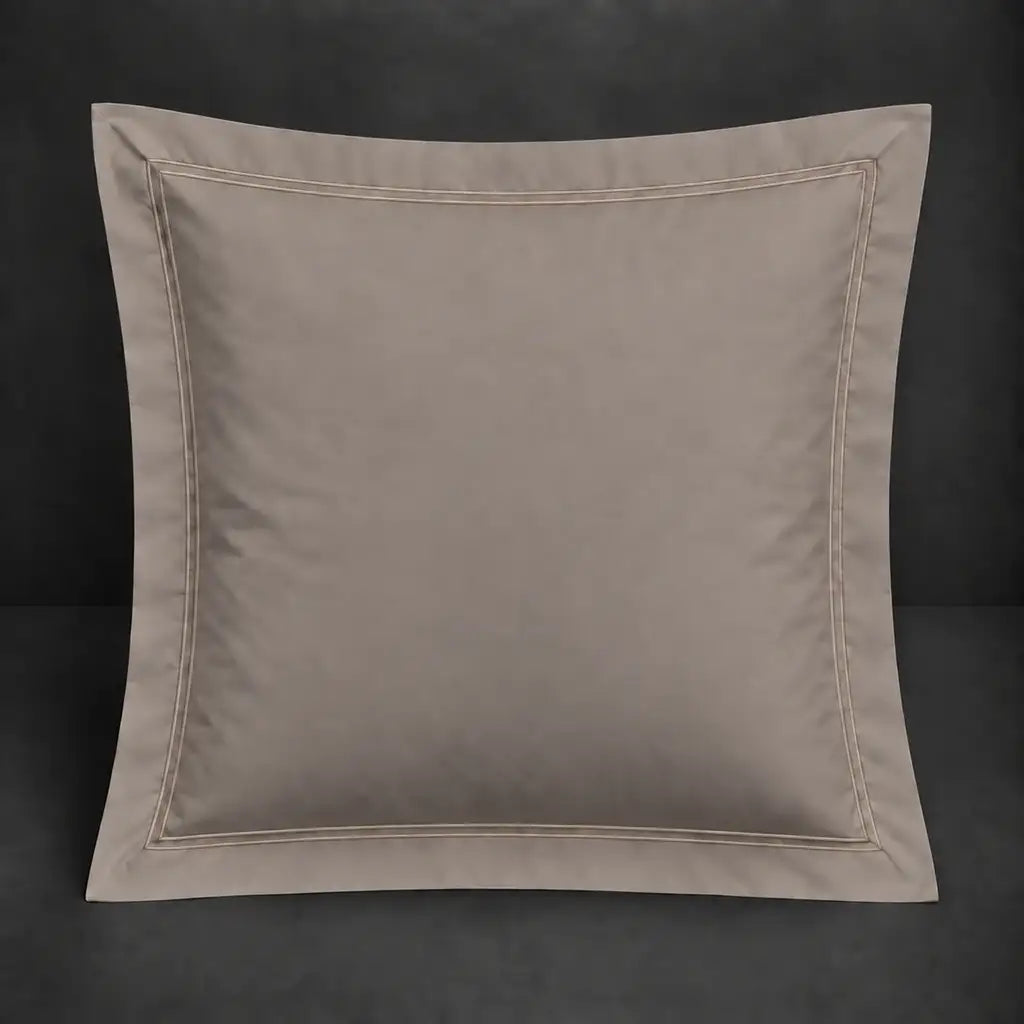 Stone Oxford 200TC polycotton percale continental pillowcase with two row stone satin stitch border by Linen and Co