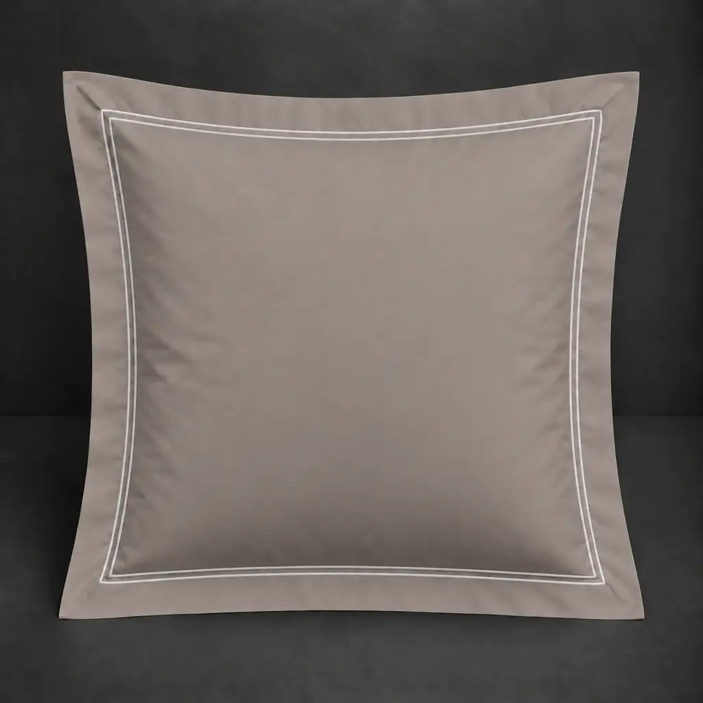 Stone Oxford 200TC cotton percale continental pillowcase with two row white satin stitch border by Linen and Co